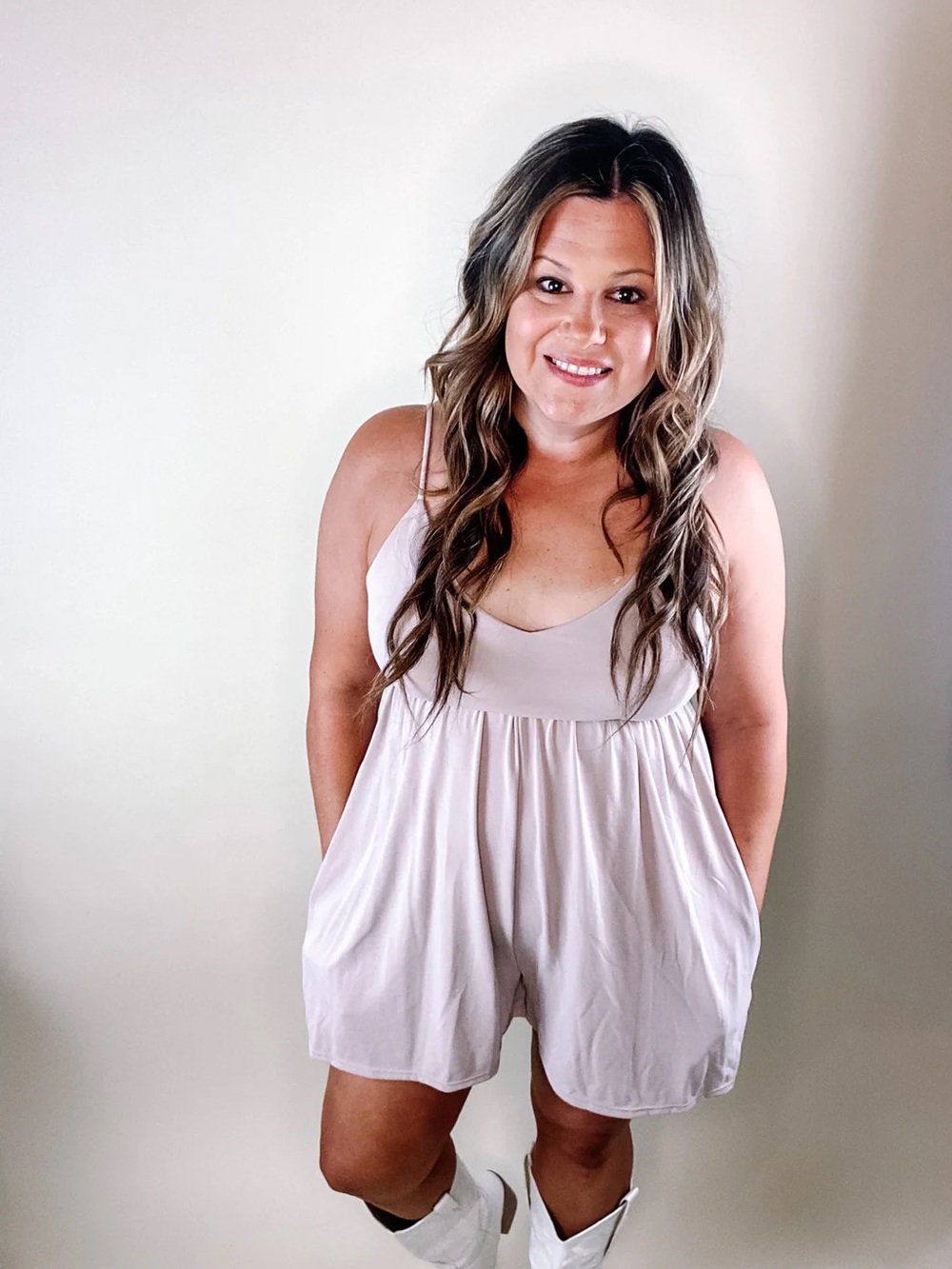 Sleeveless Babydoll Romper in Light Taupe